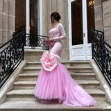 Vevesc Eye Catching Pink Mermaid Evening Dresses With 3D Flower Details Square Neckline Full Sleeves Long Formal Dress