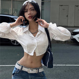 Vevesc Y2K 2000S Cropped White Shirts Women Sexy Hollow Out Long Sleeve Blouses Summer Streetwear Korean Slim Chic Crop Tops New