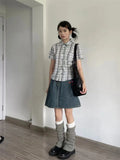 Vevesc Vintage Harajuku Plaid Commuter Litterary Blouse Y2k Aesthetic Japanese Simple High Streert Punk Shirts Buttons Short Sleeve Top