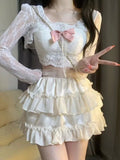 Vevesc Japanese Lolita Kawaii 3 Piece Set Women Lace Sweet Party Cake Skirt Suit Female Bow Elegant Hight Waist Skirts Suit Summer