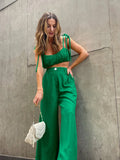 Vevesc Women Sexy Elegant Fashion Camis Wig Leg Pant Set Summer Solid Green Outfits High Waist Loose 2 Two Piece Set For Women