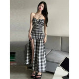 Vevesc Vintage Plaid Dress Women Sexy Slit Strapless Irregular A Line Midi Dresses Korean Split Slash Neck Slim Sundress Vestidos