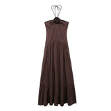 Vevesc  Elegant 3D Flower Long Dress Women Halter Backless Pleated Female Pary Dresses Fashion Street Sleeveless Solid Lady Robes
