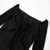 Vevesc  Slash Neck Lace-Up Shirts For Women Sexy Mesh Y2k Top Fashion Drop Sleeves Aesthetic Clothes Solid Casual Long Sleeve T Shirts