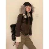 Vevesc Japanese Y2k Fur Coat Women American Retro Brown Knitted Jacket Vintage Korean Style Zipper  Winter 2000s Aesthetics