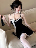 Vevesc  Black Patchwork Lace Bow Sling Sexy Mini Dresss Women Elegant Casual Y2k Dress Summer Korean Fashion Bodycon Evening Dress