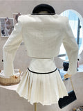 Vevesc Small Fragrance Tweed 2 Piece Set Women Bow Short Jacket Coat + Skirt Suits Korean Sweet Outfits French Vintage Two Piece Sets