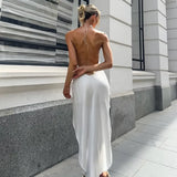 Vevesc  Satin Elegant Long Dress Women Fashion Backless Hanging Neck A-Line Long Dress White Summer Party Evening Dress Vestidos