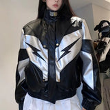 Vevesc Jacket Bomber Black Women Varsity New Outerwear Leather Jackets Lightning American Y2k Racing Oversize Baseball Jacket