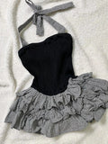 Vevesc  Y2k Dresses Bow Halter Sleeveless Plaid Ruffles Sexy Dress Summer 2025 New Elegant Design Vestidos Female Slim Women's Clothing