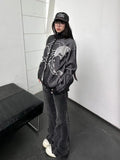 Vevesc High Street Euramerican Asymmetrical Print Gothic Cardigan Harajuku Punk Casual Loose Vintage Clothes Y2k Autumn Lazy Zip Coats