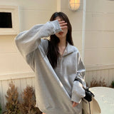 Vevesc Street Lazy Lapel Neck Gray Sweatshirts 2024 Autumn New Mid-length Tops Women Y2k E-Girl Long Sleeve Loose Sweatshirt Coats