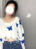 Vevesc Korean Fashion Graphic Knitted Sweater Woman Harajuku Sweet Oversized Cropped Tops Off Shoulder Casual Loose Jumper Y2K