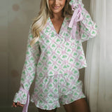 Vevesc Cutest Bow Graphic Print Bandage Long Sleeve Button Up Blouse Tops + Ruffles Shorts Vintage 2 Piece Pajamas Lounge Sleepwear