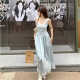 Vevesc  New Women Blue Patchwork Sleeveless High Waist Pleated Vest Dress Summer Fashion Sexy Backless Elegant Holiday Long Dress Casual