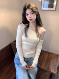 Vevesc Harajuku Skew Collar Slim Fit T-shirts Spring Streetwear White Knitted Grunge Tops Women Sexy Y2k Aesthetic Cropped Tees