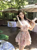 Vevesc  Cocktail Mini Dresses Women Floral Printed Chiffon Sexy Elegant Slim Bandage Evening Dress Birthday Party Sweet Banquet
