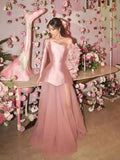 Vevesc Pretty Bloom Pink Long Evening Dresses A-line See Thru Women Maxi Gowns To Birthday Party 3D Flower Bridal Gowns
