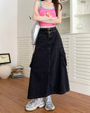 Vevesc Women Denim Long Skirt Harajuku Y2k 2000s Vintage Skirts 90s Aesthetic Streetwear Fashion Black A-Line Jean Skirt Clothes