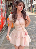 Vevesc Summer Sweet Princess Two Piece Set Women Lace Korean Fashion Party Mini Skirt Female Bow Cute Tops + Elegant Skirt Suit