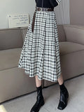 Vevesc Women's A-line Black Pleated Plaid Skirt Vintage 90s Aesthetic Y2k Long Skirt Harajuku Korean Skirts 2000s Clothes