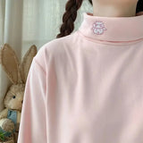 Vevesc Bottoming Pink Ropa Mujer Tshirts Cartoon Sheep Embroidery Turtleneck Y2k Tees Sweet Camisetas Women Preppy Style Japanese