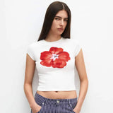 Vevesc Floral Print White Graphic Tees Casual Y2k Going Out Crop Tops Woman 2024 Summer Fashion T Shirt