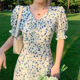 Vevesc Vintage Floral A Line Dress Women Sexy Slit Print V Neck Midi Dress Retro Elegant Holiday Korean Puff Sleeve Slim Dresses