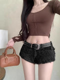 Vevesc American Style Coffee Shorts for Women 2024 Autumn/Winter Low-waisted  Y2k Grunge Fluffy Casual Short Pants Mujer
