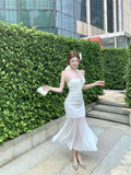 Vevesc  Summer White Mesh Patchwork Ruffled Mermaid Dress Women Elegant Diamonds Neck-mounted Sexy Dress 2025 Korean Luxury Party Dress