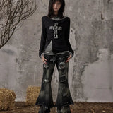 Vevesc Y2k Aesthetic American Spliced Lrregular Shirts Harajuku Striped Japanese Clothes Spring Autumn Side Zip Up Split Design Tops