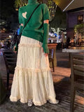 Vevesc Korean Lace Long Skirt Women Vintage Cute High Waist Loose Fairycore Tassel Patchwork A-Line Midi Mori Girl Autumn