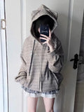 Vevesc Japanese Y2k Hoodies Women Kawaii Star Patchwork Ears Striped Zipper Sweatshirts Y2k Aesthetic Coats Loose Grunge Hoody Jacket