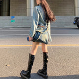 Vevesc Korean Retro Lace-up Pleated Casual Long-sleeved Dress Women 2024 Spring New Polo Collar Loose Distressed Denim Dress with Belt
