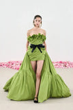 Vevesc Couture Green Asymmetrical Satin Long Evening Dresses With Ruffles Trimmed Neckline And Bow Modest Formal Party Dress