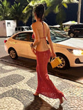 Vevesc Hollow Out Knit Halter Backless Maxi Dress Crochet Beach Vacation Dresses For Women 2024 Summer Women's Outfits