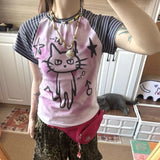 Vevesc Kawaii Cartoon Women T-shirt Harajuku Vintage Y2k Cutecore Short Sleeve Summer Casual Slim Up Patchwork Aesthetic Tees