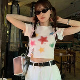 Vevesc Fashion Sweet Constrast Color Star Print Design T Shirt Summer All Match High Street Gothic Girl Crop Top Y2k Aesthetic Clothing