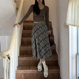 Vevesc Vintage Plaid Long Skirt Women Harajuku Y2k Pleated Skirt Retro Streetwear Autumn Winter A-line Midi Skirts Aesthetics
