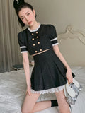 Vevesc Summer Balck Vintage Two Piece Set Women Elegant Designer Party Mini Skirt Set Female Casual Korean Kawaii Skirt Suit New