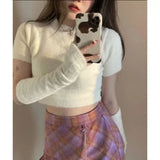 Vevesc Short High Waist Korean Solid Sweaters O-Neck Y2K Pullover Mink Cashmere Crop Tops Women Sueter Mujer Patchwork Long Sleeve