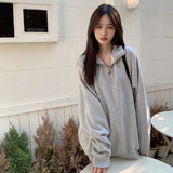 Vevesc Street Lazy Lapel Neck Gray Sweatshirts 2024 Autumn New Mid-length Tops Women Y2k E-Girl Long Sleeve Loose Sweatshirt Coats