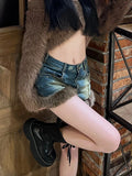 Vevesc Fur Feather Patchwork Denim Shorts Women Sexy High Street Jean  Female Tassel Hem Irregular Short Jeans Y2k