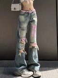 Vevesc Vintage Blue Ripped Baggy Jeans Women Denim Trousers 2000s High Waist Y2k Streetwear Female Punk Wide Leg Pants Female Clothes