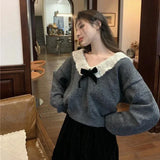 Vevesc Korean Style Sweaters Women Kawaii Sweet Elegant Knited Pullovers Grey Bow Vintage Patchwork Autumn Winter Sweaters