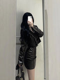 Vevesc Fashion Vintage Long Sleeve Zipper Leather Coat Women+ Y2k Sexy Slim Fit Bodycon Camisole Dress Summer New Two Piece Sets