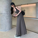 Vevesc Black Stap Long Dress Women Streetwear Sleeveless A Line Dresses Y2K Korean Slim Sundress Summer Elegant Casual Vestidos