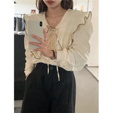 Vevesc Vintage Ruffles Shirts Women Elegant Black Patchwork Long Sleeve Blouses Office Ladies Korean Bandage Casual Chic Tops New