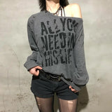 Vevesc Punk American Rivet Nail Off The Shoulder Shirts High Street Letter Print All Match Loose Tops Y2k Aesthetic Vintage Clothes