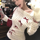 Vevesc Sweet Bow Knitted Pullover Women Off Shoulder Sexy Long Sleeve Sweaters Korean Style Kawaii Autumn Winter Pullovers